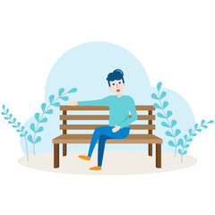 Young man character sitting and relaxing on bench in public park garden cartoon vector illustration.