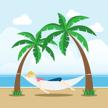 Young man on the beach sleeping and relaxing in a hammock under between palm trees on a background of the sea.