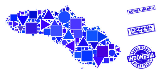 Vector mosaic Sumba Island map. Geographic plan in blue color shades, and unclean round and rectangle seal stamps. Abstract mosaic of Sumba Island map constructed of circle, tringle,