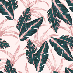 Summer seamless tropical pattern with leaves and plants on gentle background. Floral tropical pattern with leaves, jungle leaf. Exotic wallpaper, Hawaiian style. Vector background for various surface.