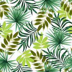 Naklejka na ściany i meble Trend seamless pattern with green tropical leaves on white background. Illustration in Hawaiian style. Summer background with exotic leaves. Seamless vector texture.