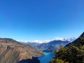 Fototapeta na wymiar Beautiful lake in the mountains at chamba, Himachal Pradesh, india, January 2020