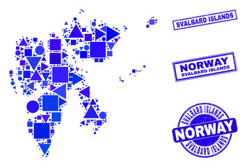 Obraz premium Vector mosaic Svalbard Islands map. Geographic scheme in blue color shades, and rubber round and rectangle seals. Abstract concept of Svalbard Islands map composed of round, tringle,