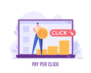 Advertising manager making money with PPC campaign. Pay per click management. Concept of SEO, digital marketing, internet contextual advertising. Vector illustration in flat design for web banner