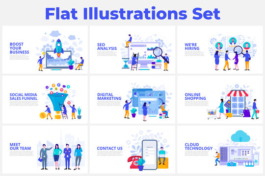 Seo analysis, startup, digital marketing, cloud technology and sales funnel flat vector illustration. Landing page template for web