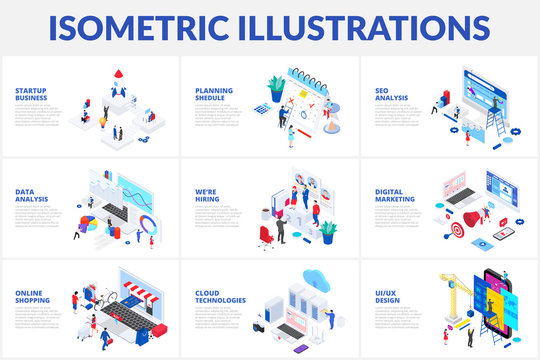 Isometric 3d illustrations set. Online shopping, planning, data analysis and startup business with characters