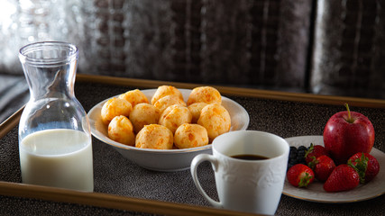 Cheese Bread served in a restaurant. 

Brazilian snack cheese bread - Traditional Brazilian food.