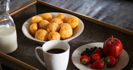 Cheese Bread served in a restaurant. 

Brazilian snack cheese bread - Traditional Brazilian food.