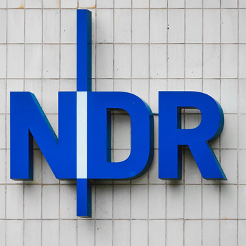 Logo of the NDR, the North German Broadcasting Company, on the tiled wall of the transmitter building in Hanover, Germany, May 23rd, 2020