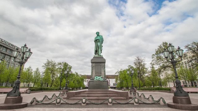 Monument to Russian famous poet Alexander Pushkin on Pushkin Square in Moscow, Russia. Time lapse