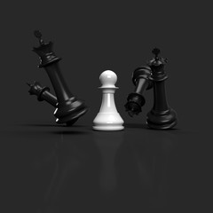 3d render of chess pieces to show the value of smallest pawn. Concept is strategy or stand out. 