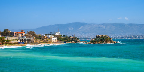 Panoramic view of Piraeus port city touristic quarter at the Saronic Gulf of Aegean sea in broad metropolitan Athens area in Greece