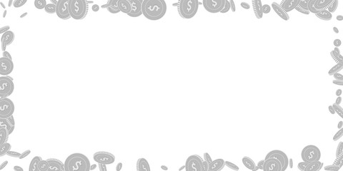 American dollar coins falling. Scattered black and