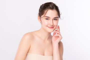 Beautiful Young Woman touching her clean face with fresh Healthy Skin, isolated on white background, Beauty Cosmetics and Facial treatment Concept.