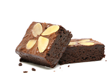 Chocolate brownies with almond on white background