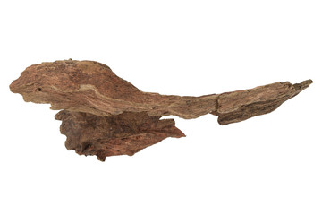 Driftwood or aged wood isolated on white background with clipping path. Closeup piece of driftwood shaped like Marlin fish for aquarium.