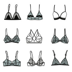 Set with different types of underwear. Bra. Balcony, bralette, classic, triangle. Lingerie. Simple vector illustration.