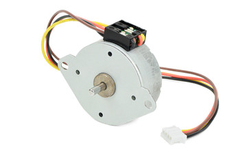 Rotor side of electrical round stepping or stepper motor with wires and circuit isolated on white background with clipping path.