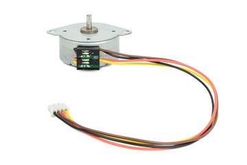 Electrical round stepping or stepper motor with wires and circuit isolated on white background with...