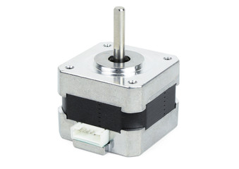Electrical stepping or stepper motor isolated on white background with clipping path. NEMA standard flange motor for driving axes of CNC machines.