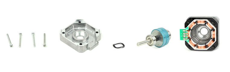 Deconstructed parts of electrical stepping or stepper motor isolated on white background with...