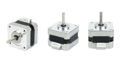 Various views of electrical stepping or stepper motor isolated on white background with clipping...