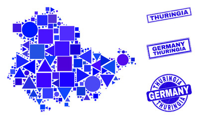 Vector mosaic Thuringia Land map. Geographic plan in blue color tones, and grunge round and rectangle stamp seals. Abstract mosaic of Thuringia Land map composed of round, triangles,
