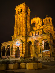 Exterior of the Saint Mark's Church (Crkva Svetog Marka), a Serbian Orthodox church located in the Tasmajdan park, built in 1940 in the Serbo-Byzantine style, at night. - obrazy, fototapety, plakaty