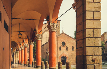 The Portici of Bologna (arcades of Bologna) in the old town. Streets of Bologna, Italy.