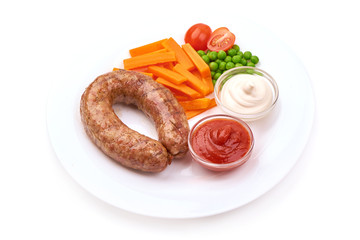 British grilled pork sausages, isolated on white background