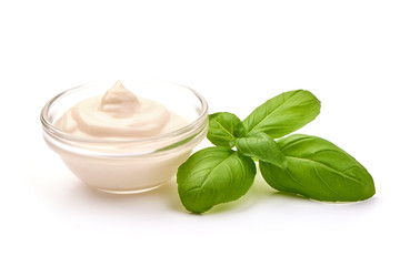 Bowl of sour cream, isolated on white background