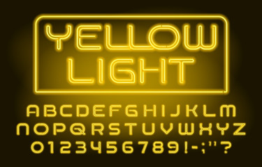 Yellow Light alphabet font. Vivid neon color letters and numbers. Stock vector typeface for your design.