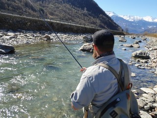 A man Fly Fishing on the Adda River, with picturesque mountains in the backdrop