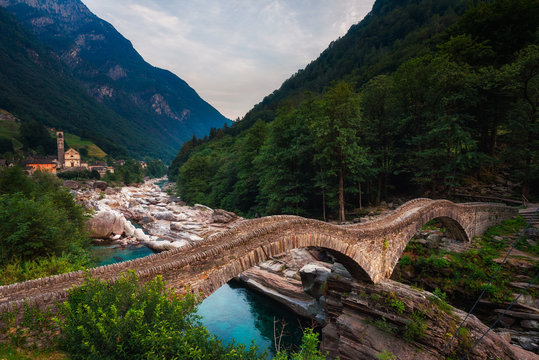 Historic bridge called Ponte dei Salti in the village of Lavertezzo, Switzerland