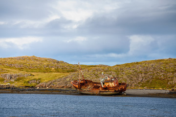Fishing ship wreck laying on the Snaefellsnes peninsula in Iceland