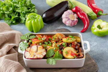 Fried summer vegetable casserole. Mix of different seasonal vegetables.