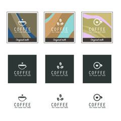 Coffee icons, design templates for coffee ads with retro ingredient plants and minimal designs, social medi stories for shop and house.