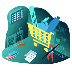 Illustration in isometric style with a food basket on a white background. Little girl and dog shop online from home.