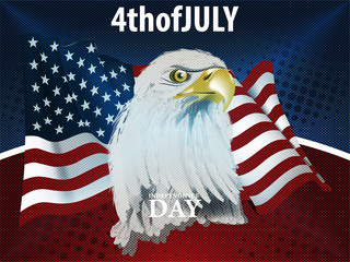 American Eagle on Flag of the United States background. Bald Eagle, a symbol of American freedom, perched in front of a USA flag. United States of America patriotic flyer or banner. Vector EPS 10