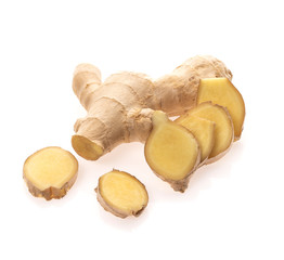 Flat lay fresh raw ginger root Isolated on white background.