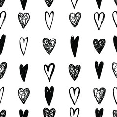 Vector seamless pattern : simple hand drawn hearts . Black and white. Minimalistic design for love , romantic, wedding decor of textile, wrapping paper, card, invitation