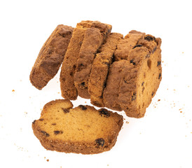 Raisin cake, dusted with icing sugar. Cupcake with raisins on white background