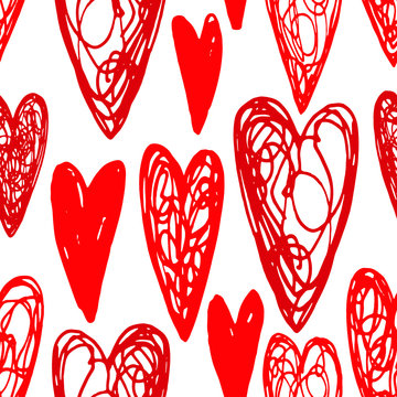 Vector seamless pattern : simple hand drawn different red hearts on white. Sketch style. Romantic decor for wedding or saint valentines decor of textile, wrapping paper, card, invitation.