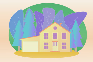Real estate in a forest area, house with garage in bright colors on a background of trees, vector illustration.