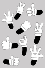 Cartoon hands. animated hands show different gestures. Cute leg in boots and gloved hand collection
