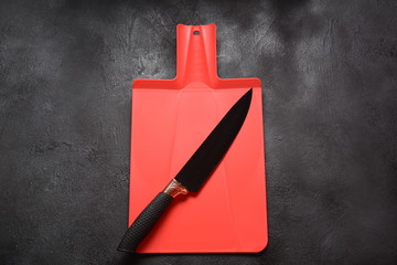 Kitchen cutting board and knife, copy space
