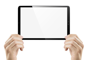 Black tablet in male hands, isolated on white background