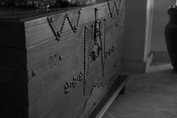 decorative wooden chest in monochrome