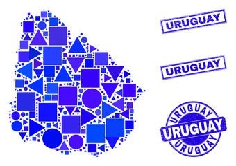 Vector mosaic Uruguay map. Geographic scheme in blue color tints, and unclean round and rectangle stamp seals. Abstract mosaic of Uruguay map composed of round, tringle, square geometric items.