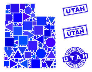 Vector mosaic Utah State map. Geographic collage in blue color tinges, and unclean round and rectangle seal stamps. Abstract mosaic of Utah State map done of round, triangles, square geometric items.